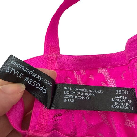 Smart & Sexy Cleavage Enhancing Push Up Bra 38DD No No Neon Pink Lace - Picture 5 of 7